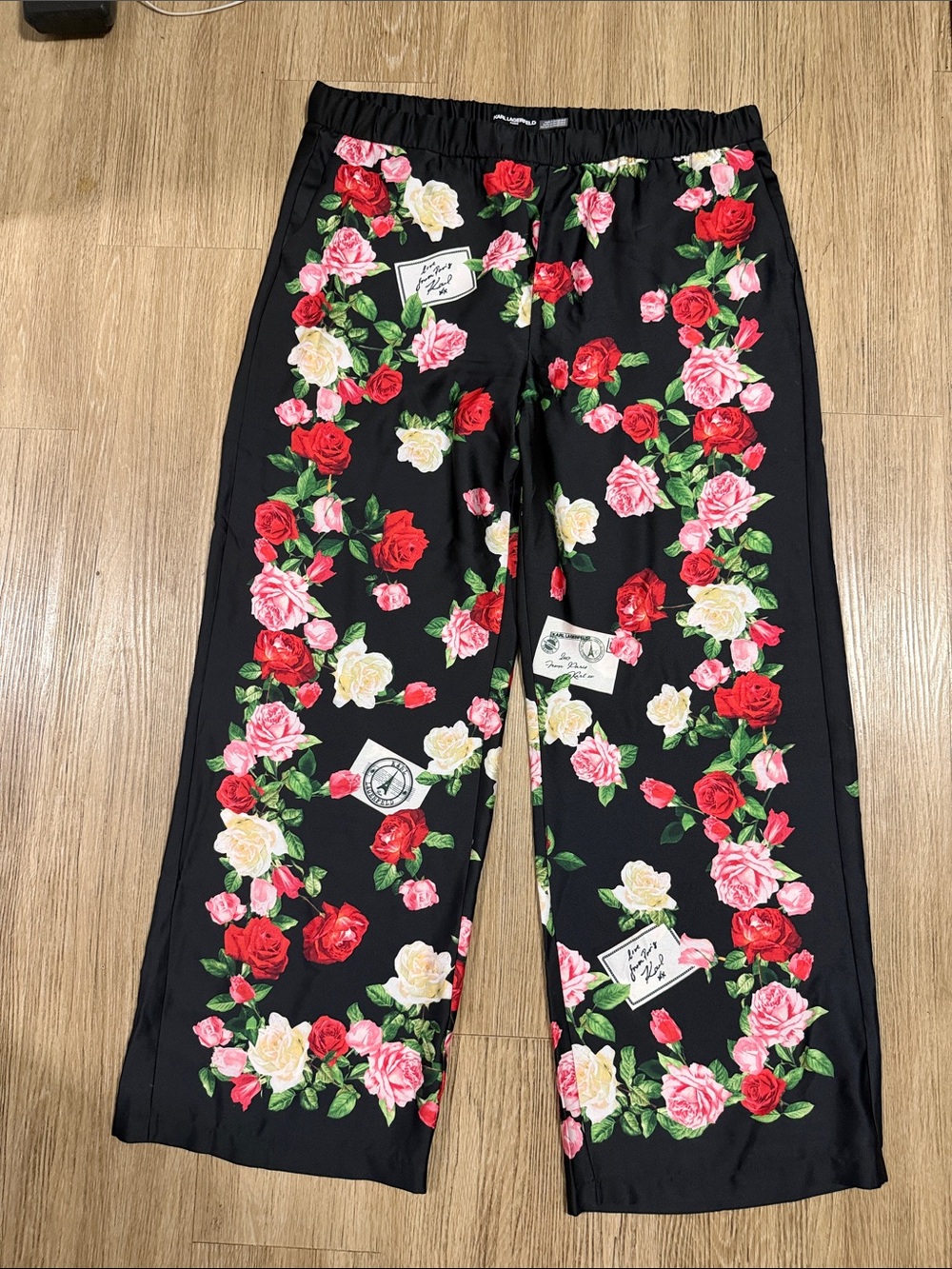 New Karl Lagerfeld Wide-Leg Black Pants with Red & Pink Rose Print